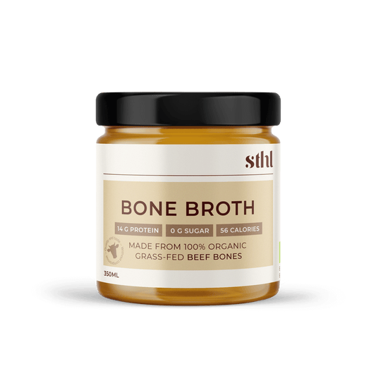 Grass-fed and organic beef bone broth, ready made in a jar