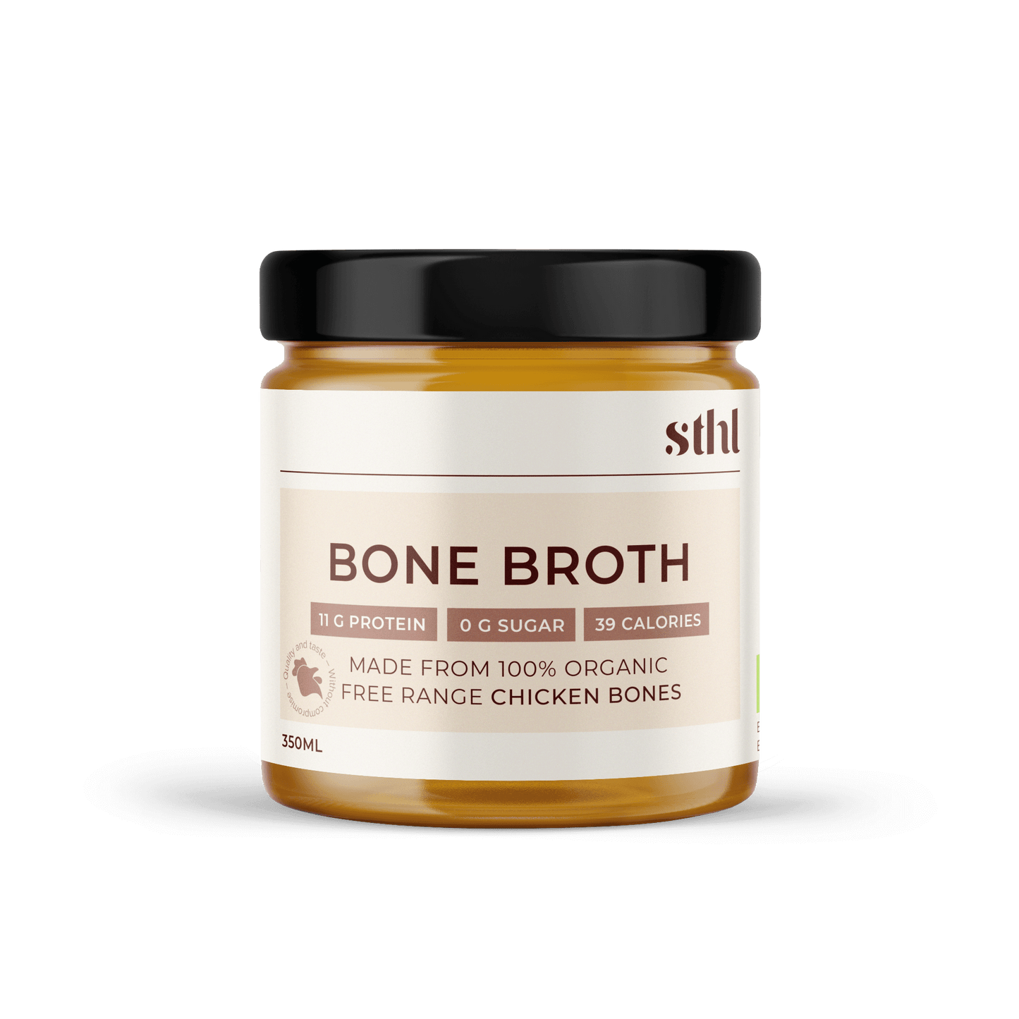 Free-range and organic chicken bone broth, ready made in a jar