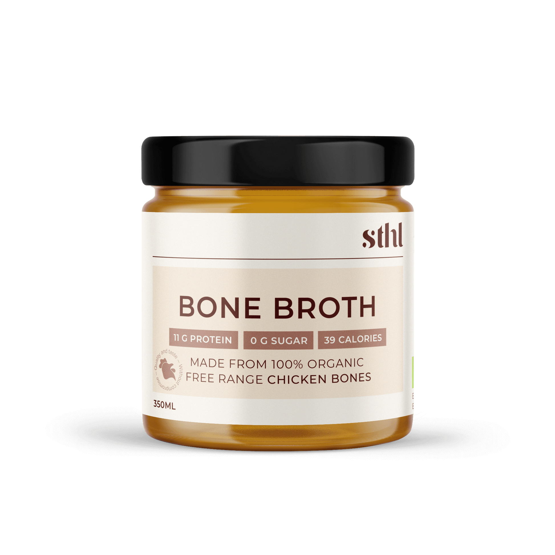 Free-range and organic chicken bone broth, ready made in a jar
