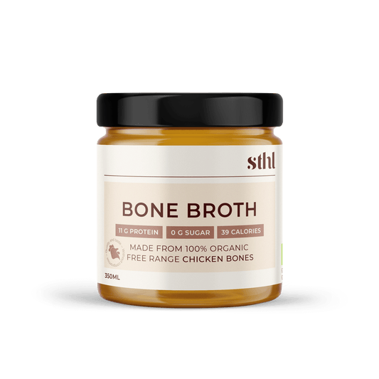Free-range and organic chicken bone broth, ready made in a jar