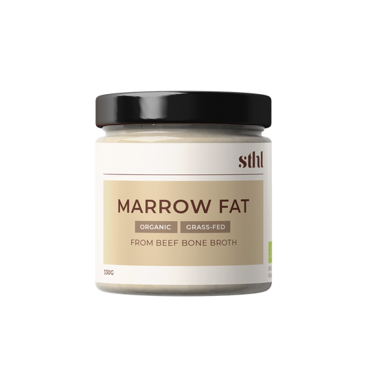 Organic and grass fed marrow fat from beef bone broth. Ready made in a jar
